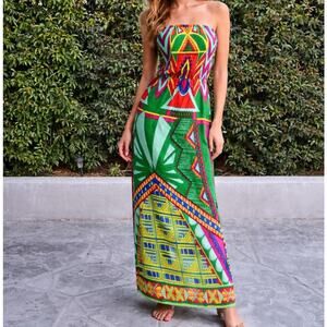 Earthbound Trading Co. Strapless Boho Dress – Funky Geometric Retro Hippie Print